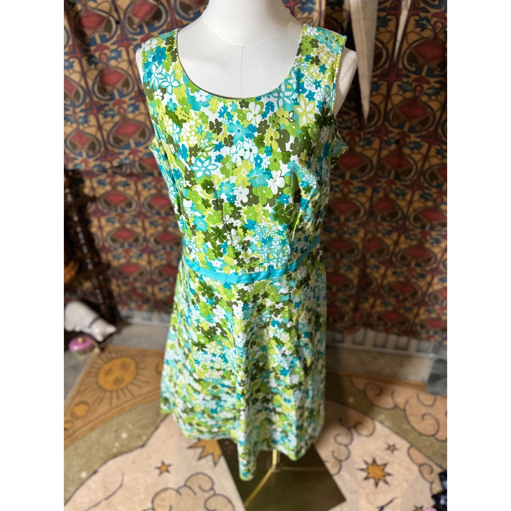 Requirements Women's Green Blue Floral A-Line Dress Size 12 Sleeveless Casual‎